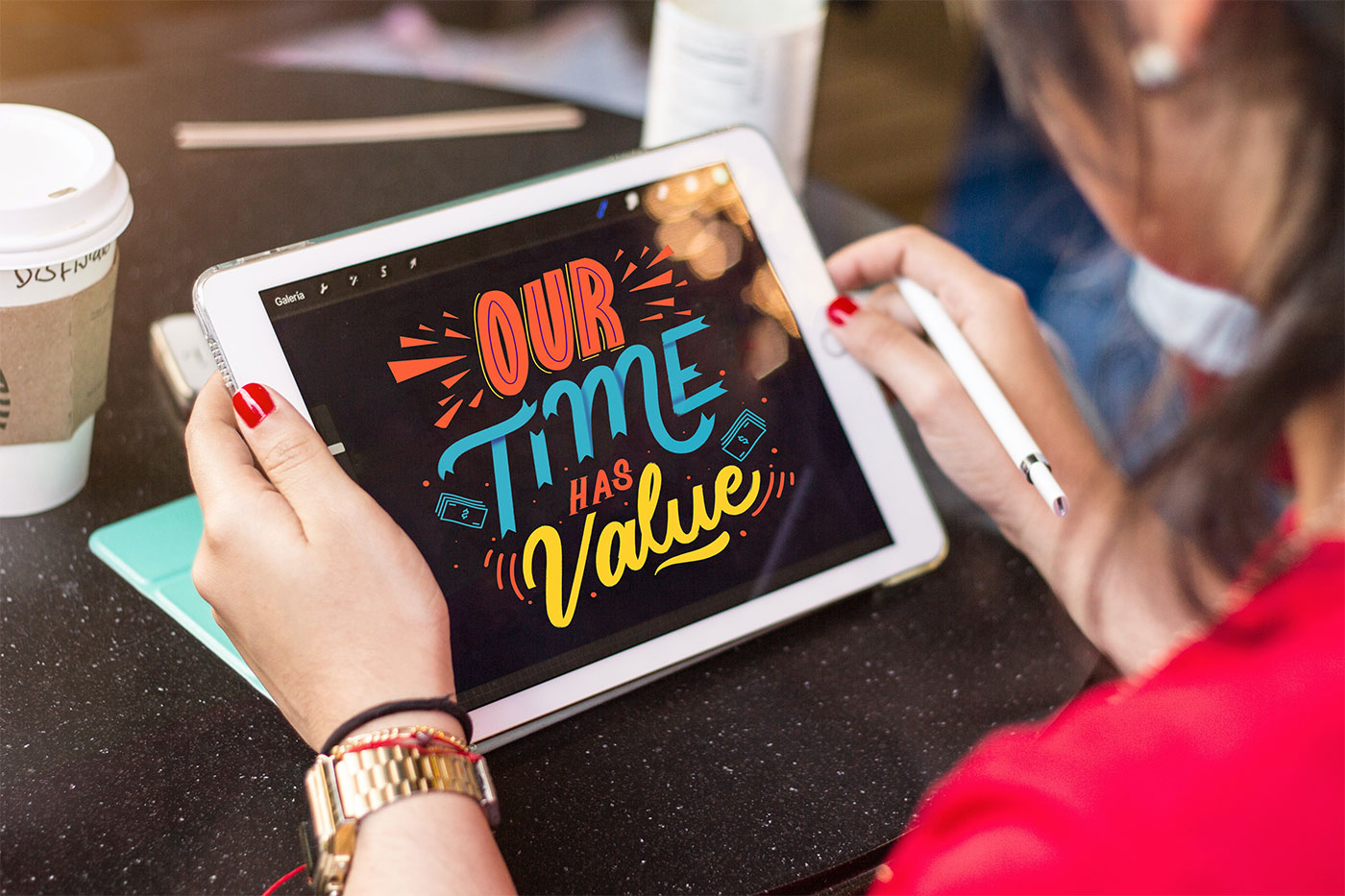 Woman holding tablet and stylus. Tablet says “our time has value”.