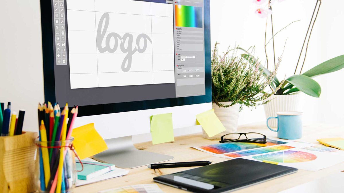 A logo design process featuring a designer brainstorming ideas