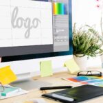 A logo design process featuring a designer brainstorming ideas