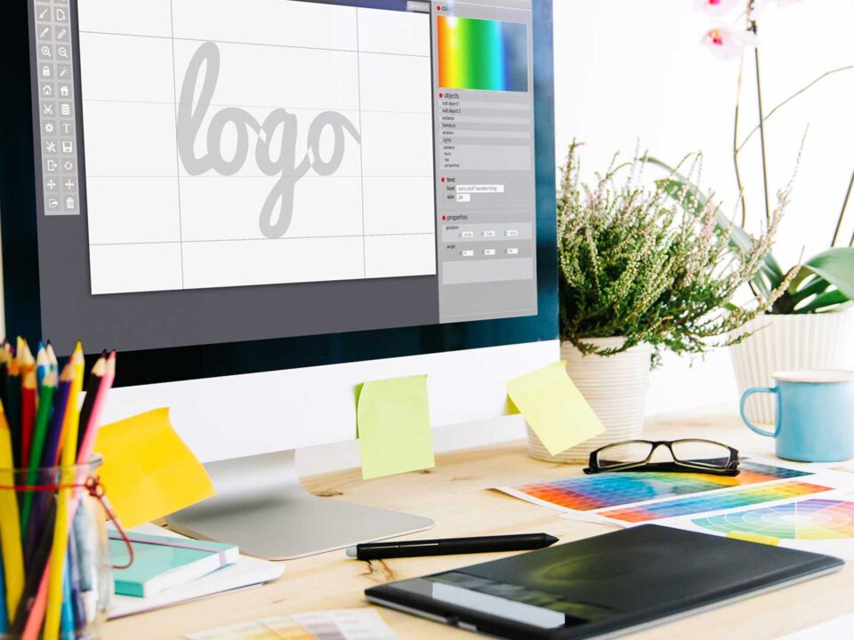 A logo design process featuring a designer brainstorming ideas